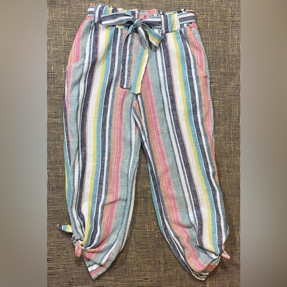 Indigo Rein Pants - Indigo Rein Pants Small Linen/Rayon Pockets Elastic Waist Belt Striped Cropped